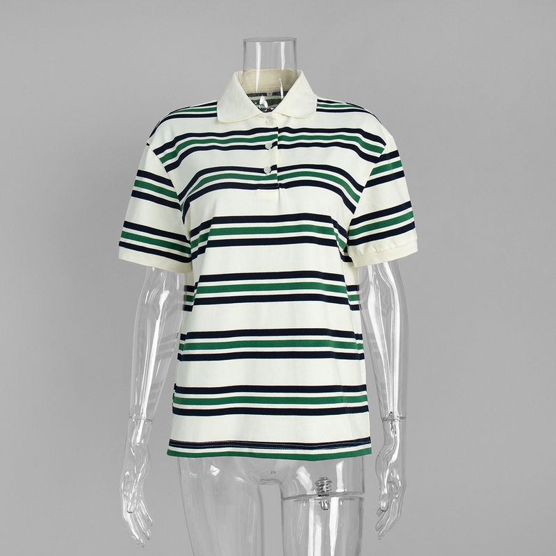 Western Style Fashion Casual Loose Stripe Short T-shirt Polo Shirt Fashion Striped Polo Shirt