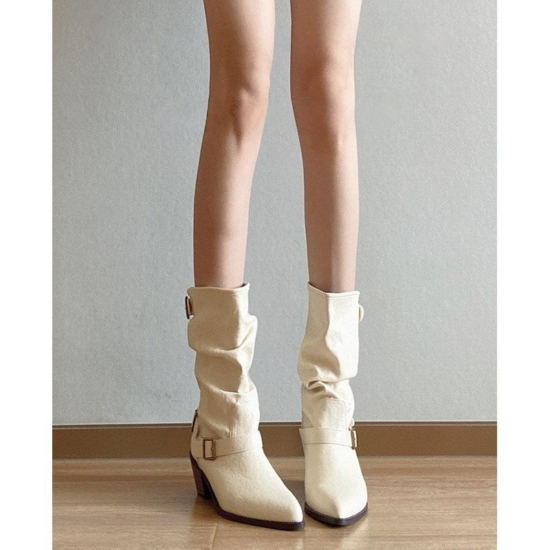 British Martin Boots Women's Thick Heel Skinny Short Western Cowboy Boots White Pointed Pile Boots