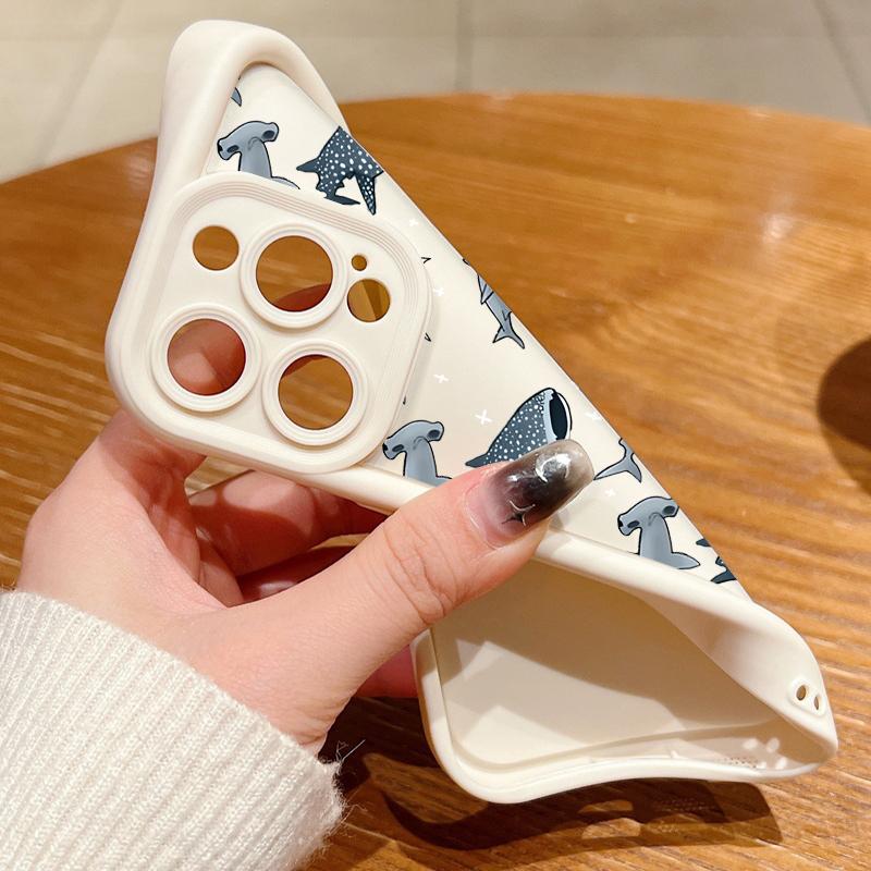 For iPhone 16 16E 15 Pro Max 14 Pro 13 12 11 Case Cartoon Shark Pattern Anti-Fall Matte TPU Lens Protection Shockproof Soft Phone Cover