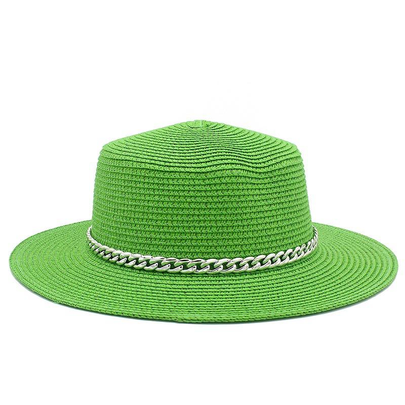 Spring and summer women's travel sunscreen straw hat fashion chain solid color beach British style jazz hat Hats