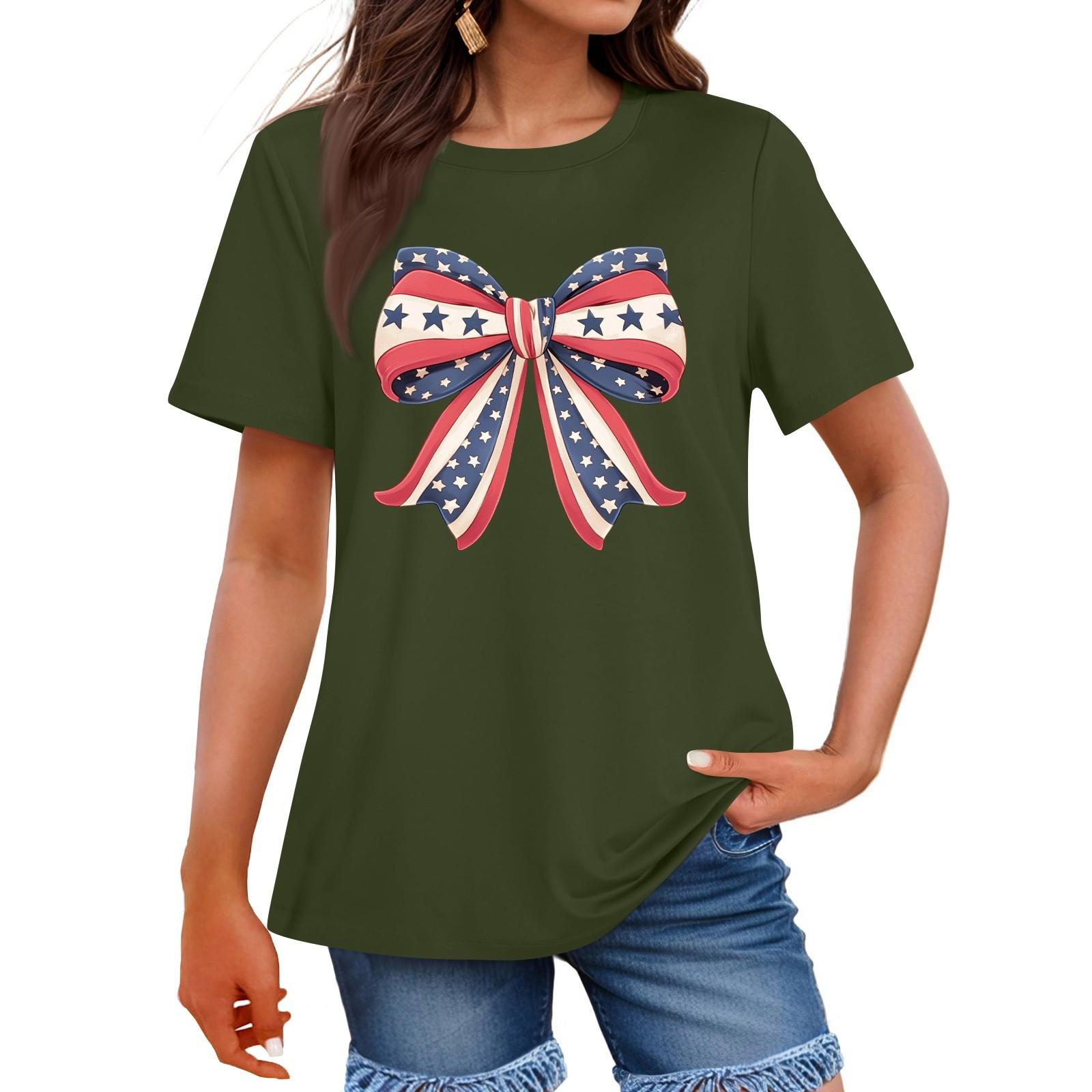 Women s Fashion Independence Day  Printed Round Neck Short Sleeved Casual T-shirt Top S