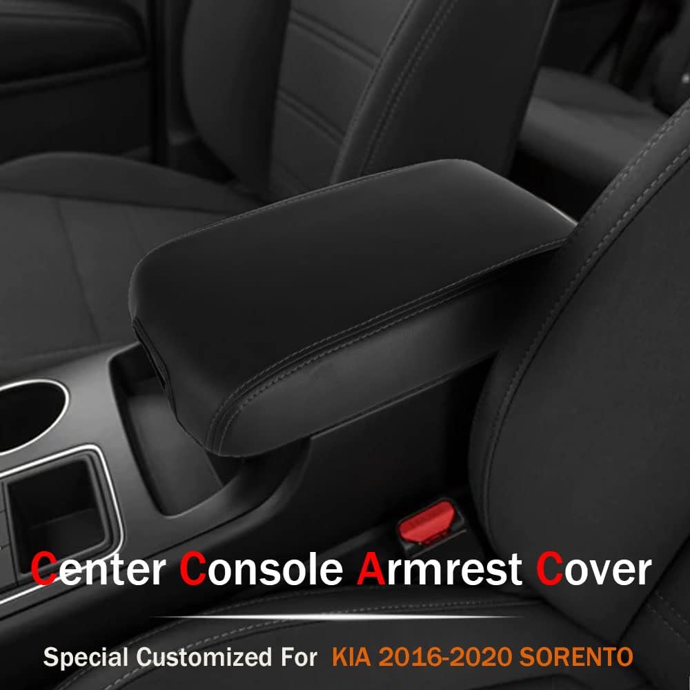 LEXLEY Center Console Pad Armrest Box Cover Waterproof Anti-Scratch Leather Protector Covers For Kia 2016- Sorento-Black Stitches