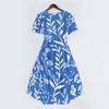 Women's Casual V Neck Short Sleeve Floral Print Dress Midi Length Wrap Style Summer Dress with Adjustable Waist Tie