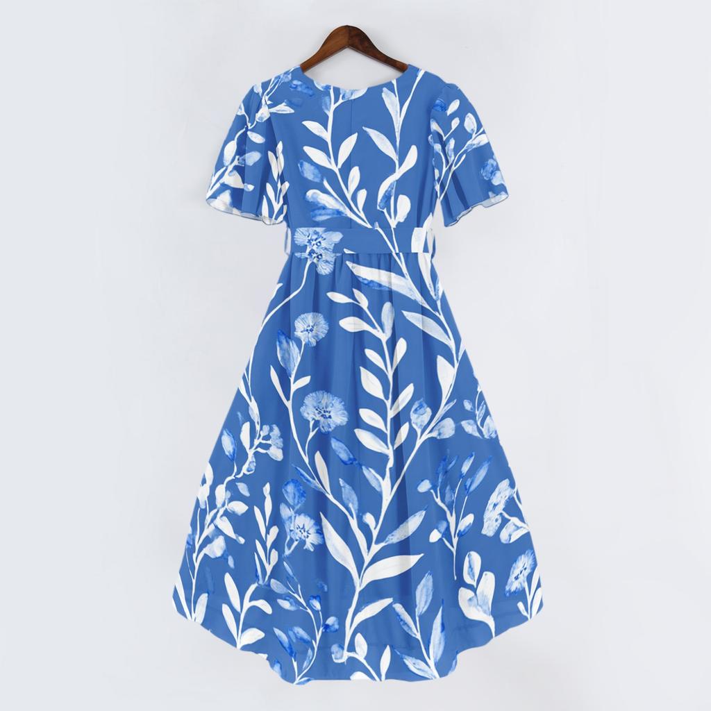 Women's Casual V Neck Short Sleeve Floral Print Dress Midi Length Wrap Style Summer Dress with Adjustable Waist Tie