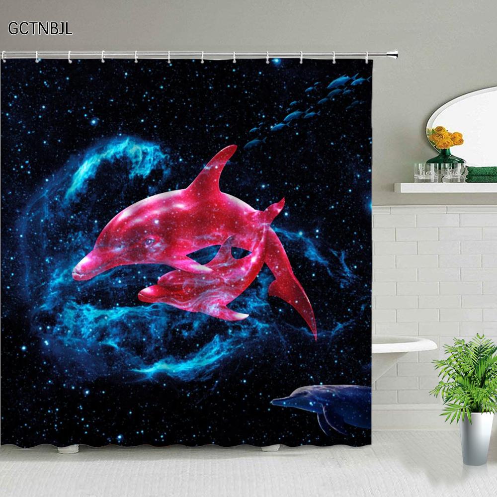 Funny Dolphin Shower Curtains Cute Ocean Animal Blue Seawater Sea Wave Scenery Bathroom Decor Cloth Hanging Curtain With Hooks