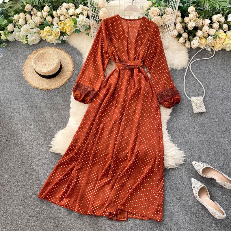 Damen Chiffon Maxikleid Bedruckt Schnürbund Langärmlig Schärpen Taille Vintage Swing Langes A-Linien-Ferienkleid