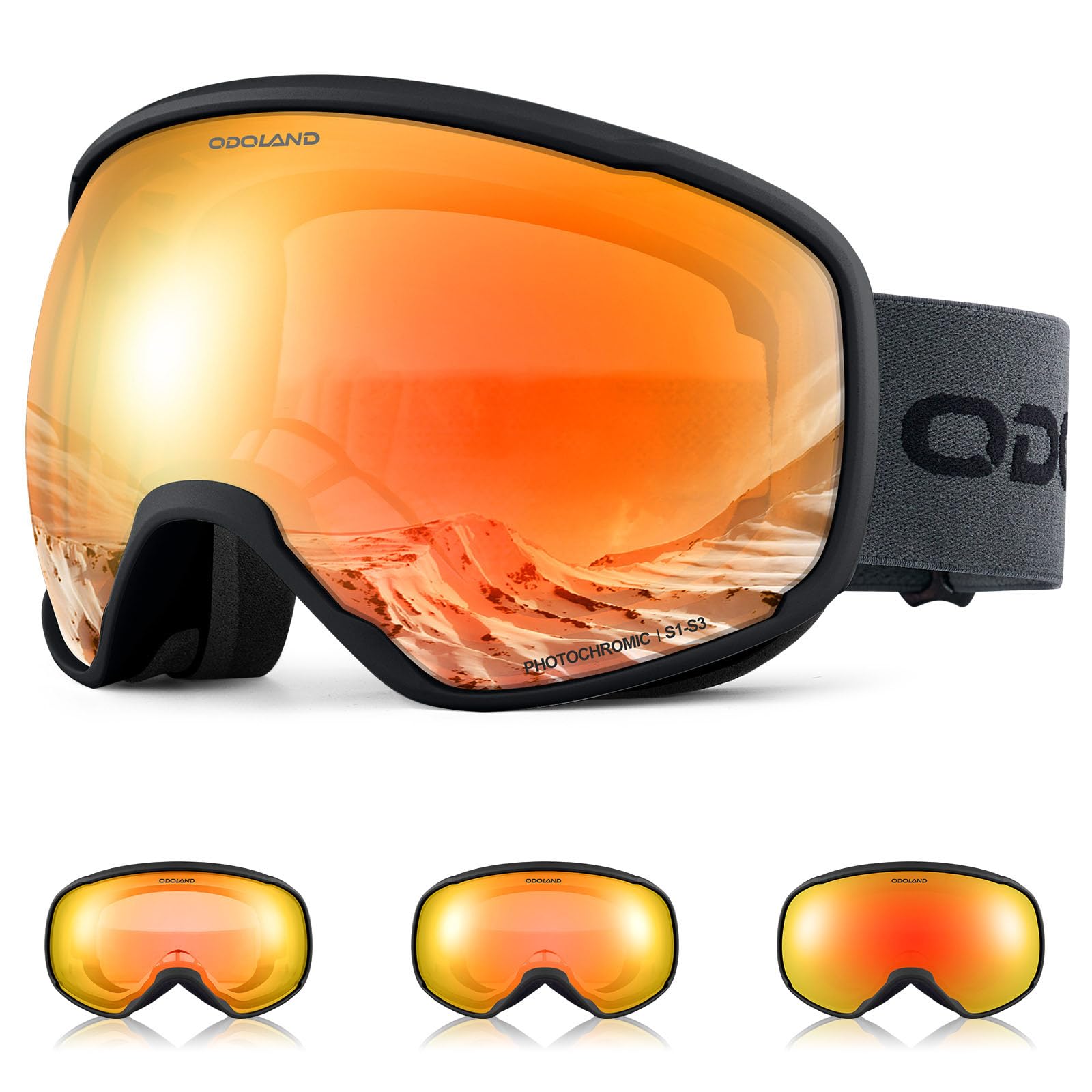

Odoland Photochromic Snow Goggles with Mirror OTG Glasses UV400 Automatic Impact Color-Changing Lenses, Anti-Fog, Compatible, Protection, Dimming,