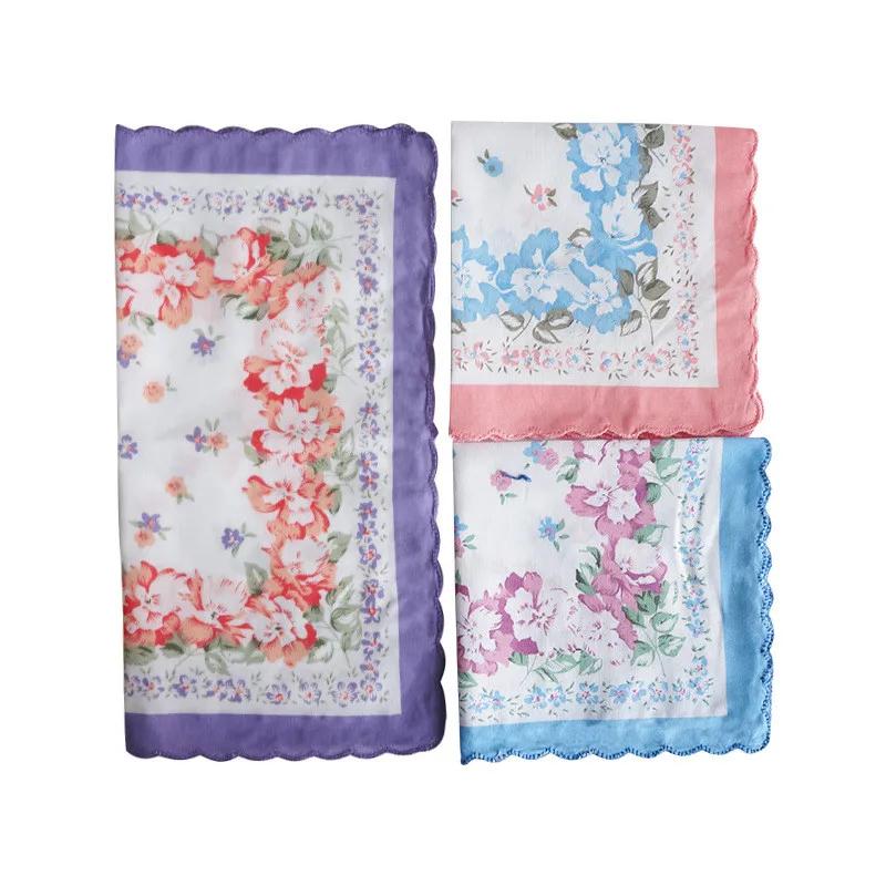3Pcs 30x30cm Flower Printed Cotton Women Hankies Lace Hanky Ladies Scarf Pocket Hankerchief Wedding Party Gift