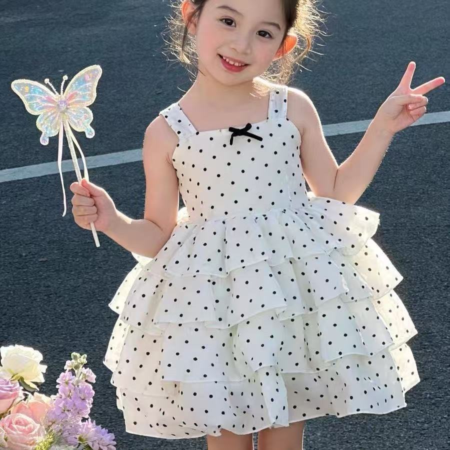 Girls Summer Beige Pearl Polka Dot Tiered Dress Princess Baby Girl Spaghetti Strap Sundress For Party 80cm
