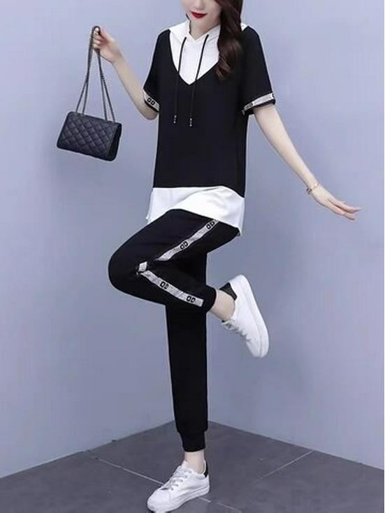 

Летний женский комплект из двух предметов больших размеров 2023: Похудение, Омолаживающая Повседневная Мода 2XL чёрный