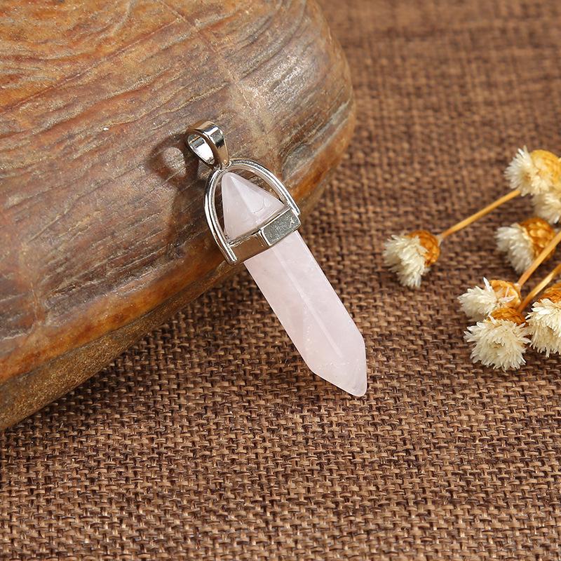 Natural Stone Amethyst & Rose Quartz Double-Pointed Hexagonal Pendant Necklace