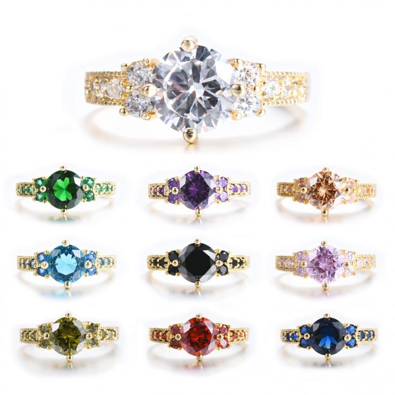 Blue Crystal Round Stone Engagement Rings for Women Vintage Gold Color Wedding Bands Birthstone Jewelry Mother's Day Gifts