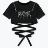 [USED] Shoulder Zip Angel Wings Spindle Ribbon Navel Baring Short T-Shirt Short Sleeves Thunder Thunder Black Punk
