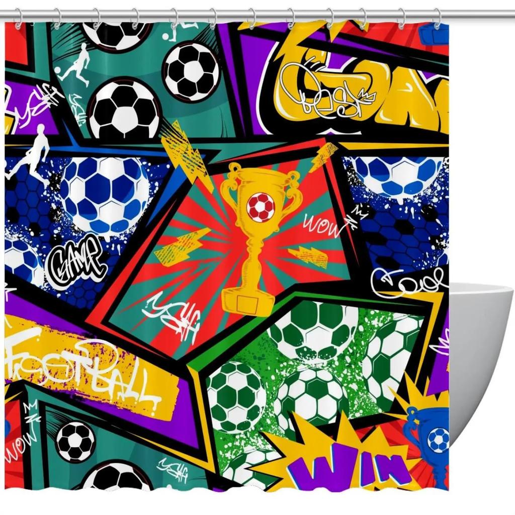 Abstract Football Pattern Shower Curtain Sport Theme Soccer Black and White Colors Waterproof Polyester Bath Curtain with Hooks