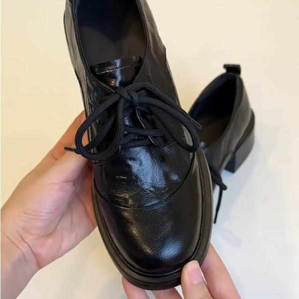 Soft leather version~ British retro soft leather round head lace-up loafers commuting thick heel small leather shoes women's single shoes