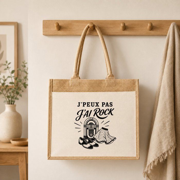 Sac Cabas - PLANETEE - J'peux pas minimaliste - Toile de jute et coton - 21 L (43×33×21 cm) - Illustration 'J'peux pas j’ai Rock'