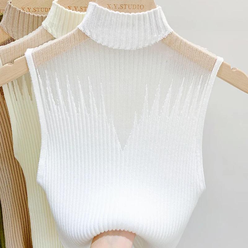 Mesh Knitted Top Women Tank Top Half Neck Vest Female Sleeveless Sweater Chic Cut Out Streetwear Solid Skinny Tube Top
