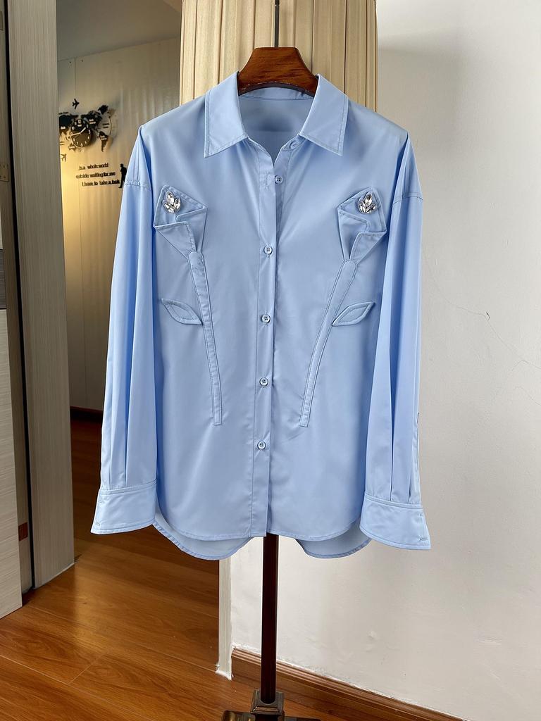 Women's Diamond-Encrusted 3D Floral Loose Long-Sleeve Lapel Shirt, Mid-Length, Spring Top