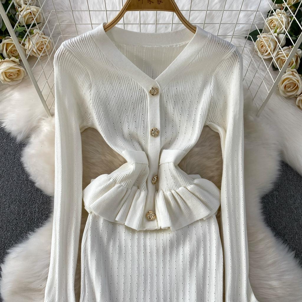 Autumn Winter Women Elegant V-neck Knitted Sweater Metal Button Christmas Party Long Midi Fishtail Dresses