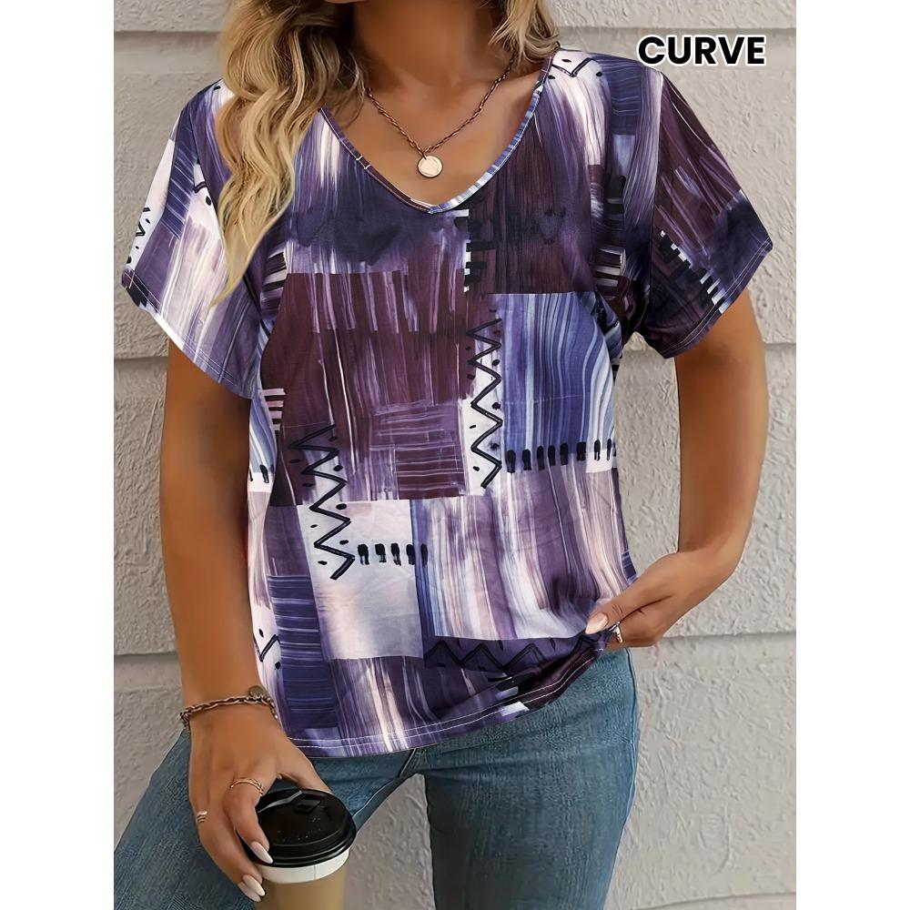 T-shirt Women's Summer Leisure Elegant Simple V-neck Short Sleeve Red Plaid