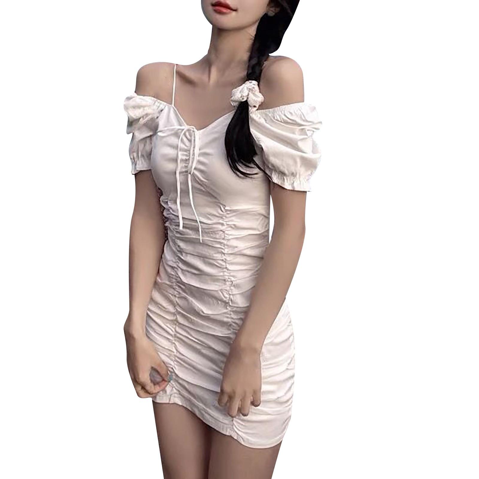 

Французское легкое зрелое платье с пышными рукавами и плиссированным шнурком для похудения M белый