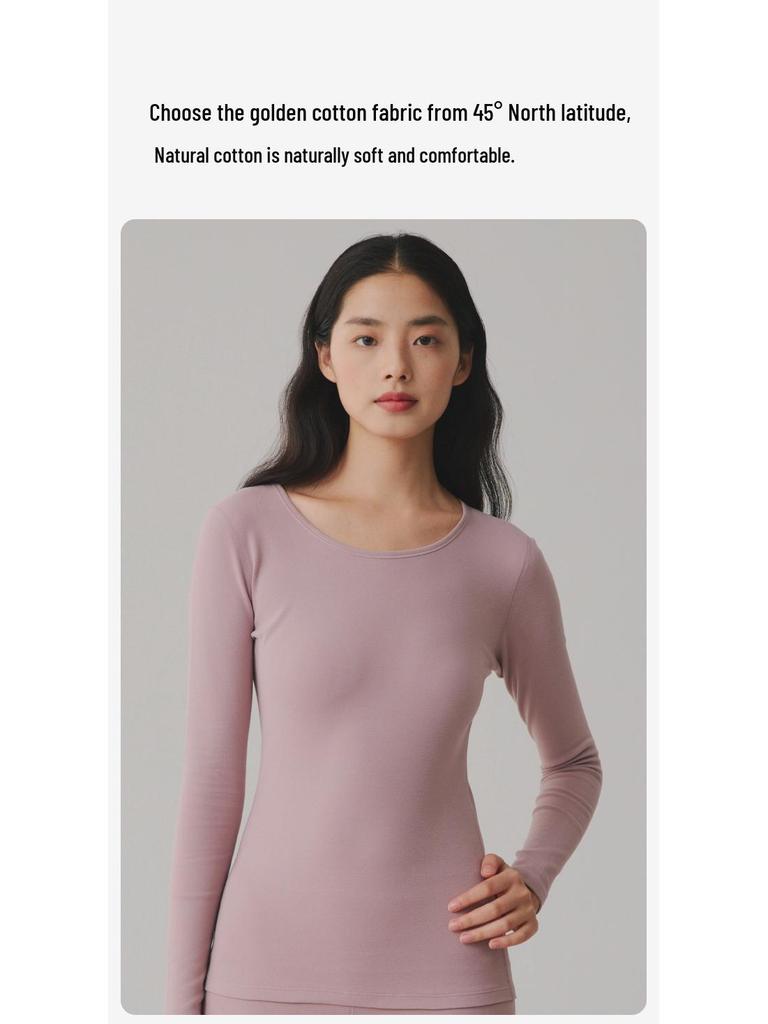 Women's 280g Extra Thick Pure Cotton Antibacterial Double-Brushed Round Neck Thermal Top