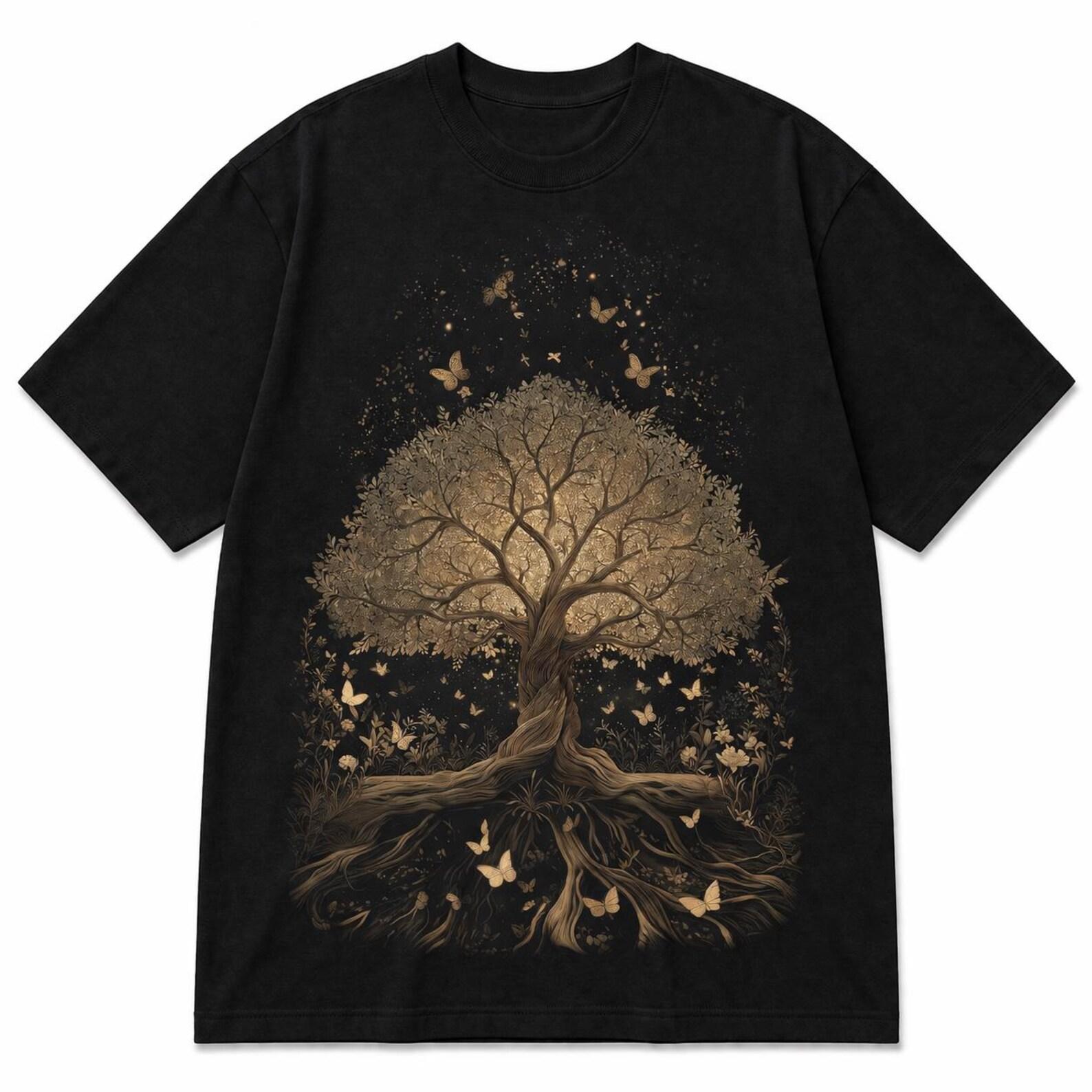 Tree of Life T-Shirt – Golden Butterflies Forest Graphic Tee, Boho Unisex Streetwear S