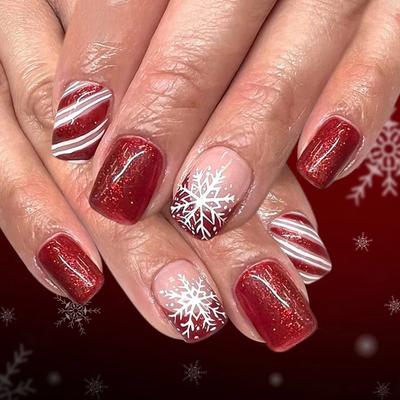 24Pcs Short Square Glossy Press On Nails 2026 New Christmas Red French Glitter Snowflake Stripe Fake Nails