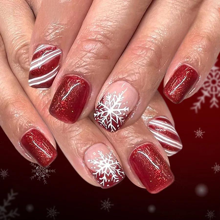 24Pcs Short Square Glossy Press On Nails 2026 New Christmas Red French Glitter Snowflake Stripe Fake Nails