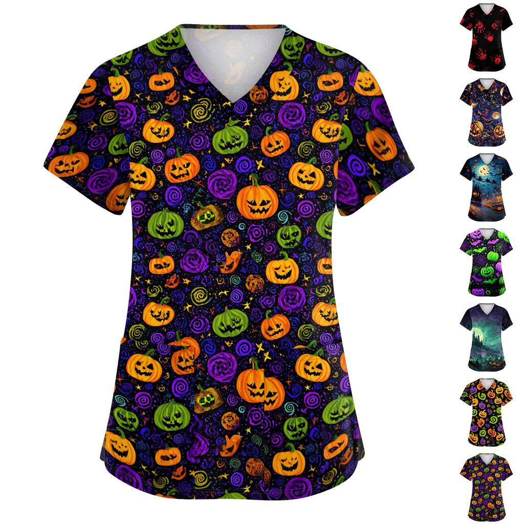 Women's V-Neck Short Sleeve Scrub Top with Pockets - Halloween Print Caregiver Work Shirt for , , and Uniform