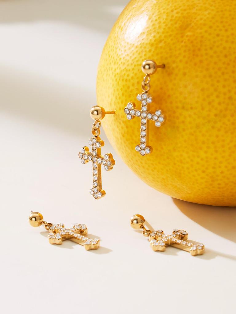 Qiong Yao 5A Zirconia Cross Jewelry Set: 18K Gold-Plated Earrings, Bracelet, Ring, Pendant, and Clavicle Chain