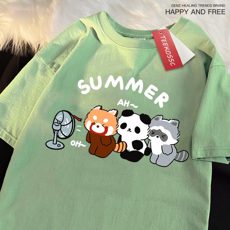 3 Raccoons Blowing Fans Print T-Shirt Street Breathable Tshirt Fashion Loose Tees Cotton Oversized Street Clothes Men Women