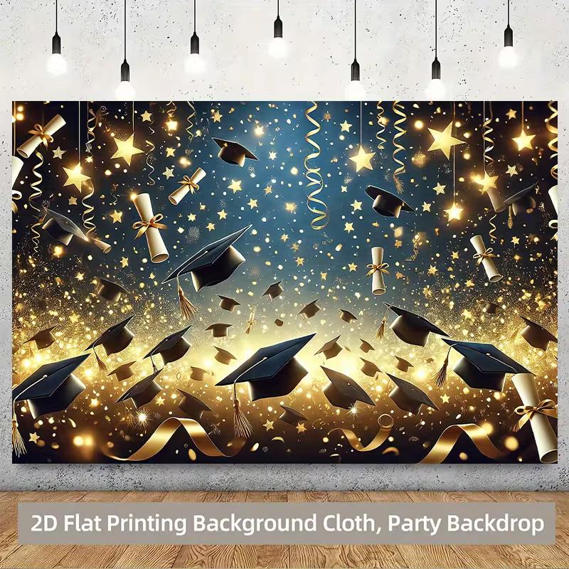 2D Class Party Backdrop Graduation Caps, Gold Stars and Streamers Party Background Cloth