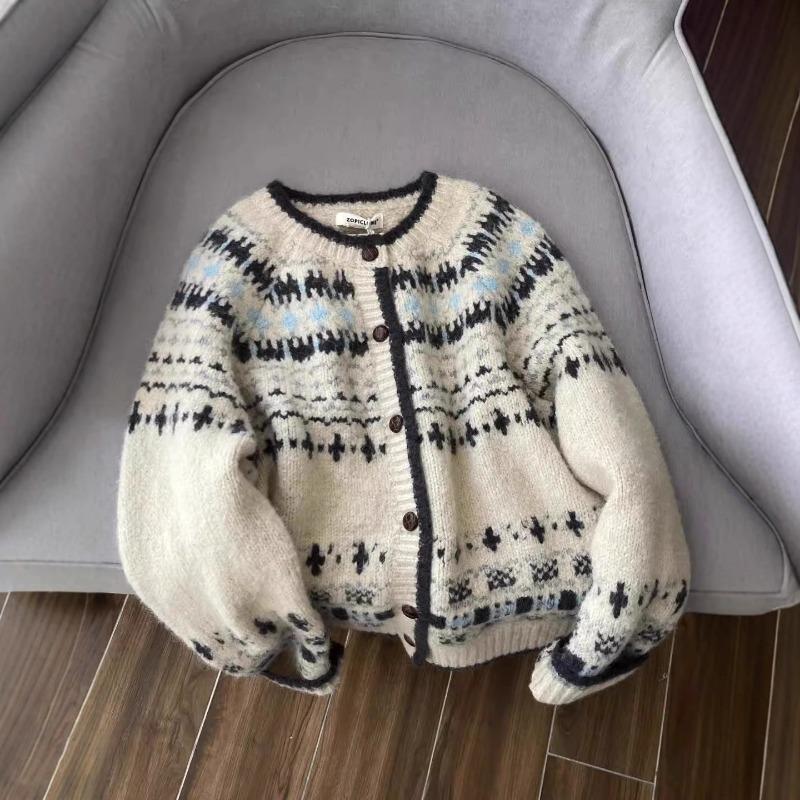 New long-sleeved crew neck autumn knitted cardigan women's autumn loose retro top jacket Fair Island women's sweater