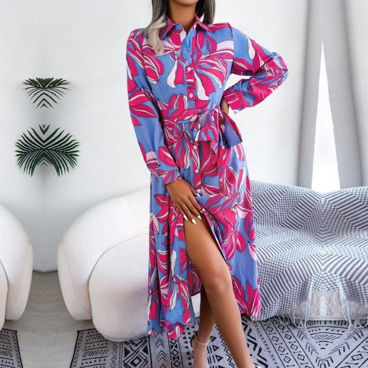 Spring Summer Women Floral Lace Up Polo Collar Dress Long Single Breasted Contrast Style Shirt Dress For Ladies