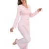 Womens Brushed Ribbed Pajama Set With Collar Bow Long Sleeve Pants Warm Comfortable Sleepwear Home Or Casual Wear