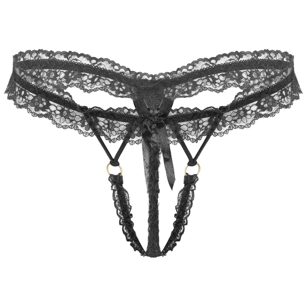 Mens Frilly Lace Thongs Bowknot Elastic Waistband G-string T-back Lingerie
