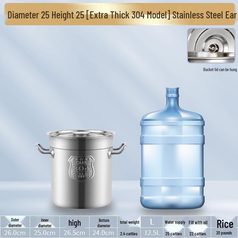 304 Stainless Steel Soup Pot with Lid - Thickened Round Barrel for Commercial Use, Ideal for Rice, Water, Braised Meat, and Porridge.