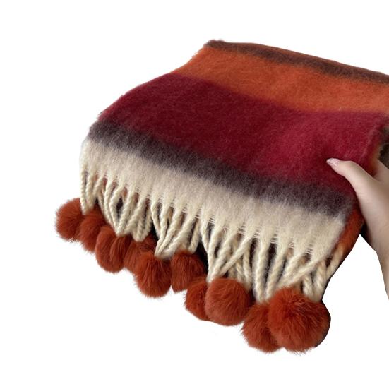 Women Scarf Rainbow Color Striped Scarf with Plush Balls Tassel Winter Thickened Warm Couple Scarf Versatile Wear