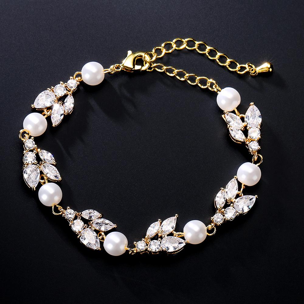 ZAKOL New Classic Leaf Zircon Imitation Pearl Charm Bracelets for Women Wedding Bride Bracelet Female Stylish Jewelry