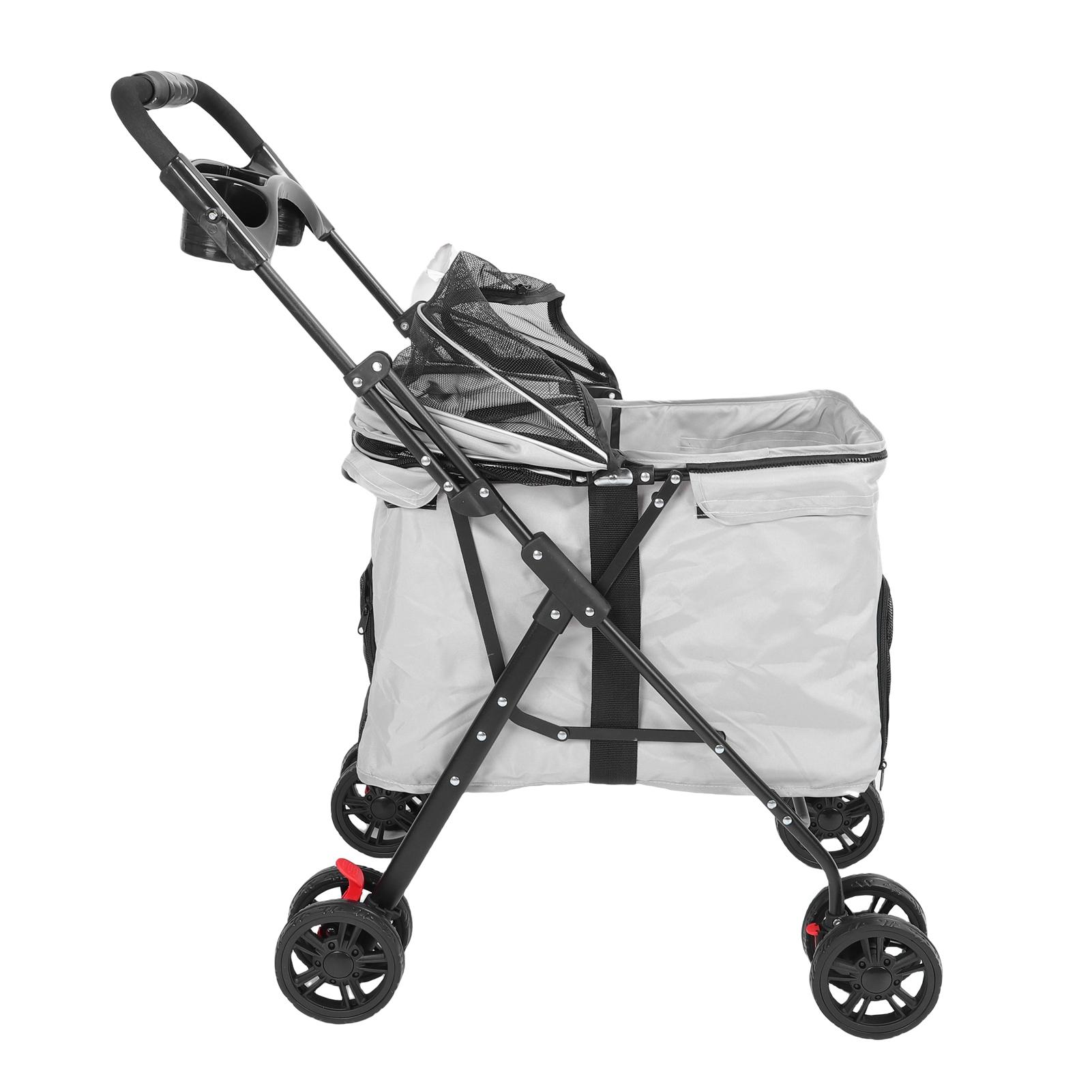 

Складная коляска для питомцев, дышащая сетка, навес с двусторонней молнией, съемный поднос для еды, подстаканник, дорожная коляска для кошек и собак Grey серый