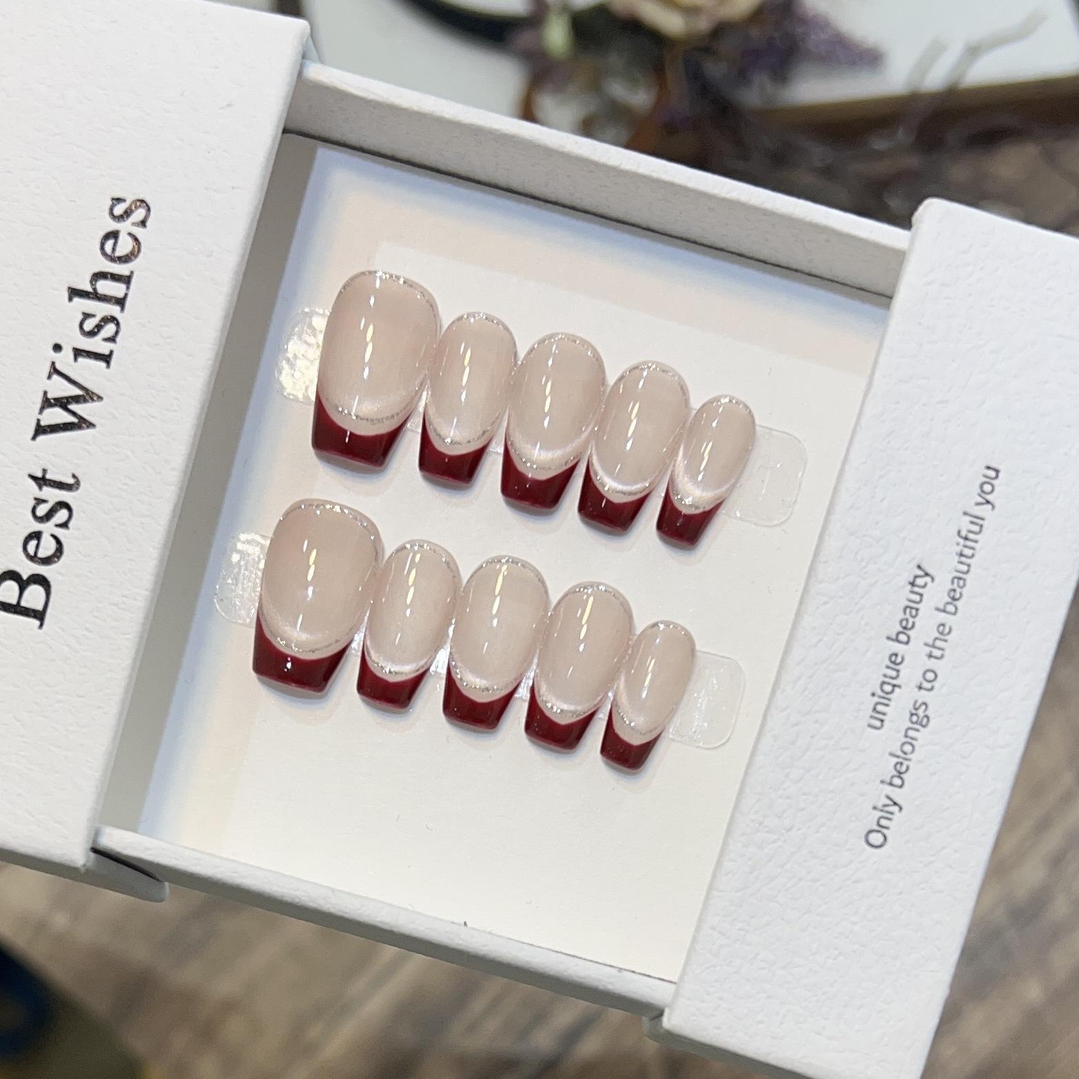 

Простой нюдовый кошачий глаз нейл-арт, бордовый французский темперамент, накладные ногти, съемные носимые накладные ногти, короткие Medium M