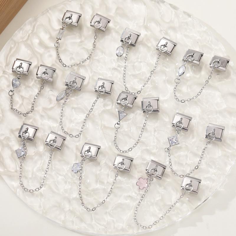 Fashion Leaves Flowers Heart Crystal Chain Tassel Charm Link Fit 9mm Stainless Steel Bracelet DIY Making Valentine's Day Gifts