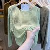 Effen kleur ronde hals lange mouwen gehaakt gaas shirt dames zomer sexy pure verlangen overjas dun topje met bretels