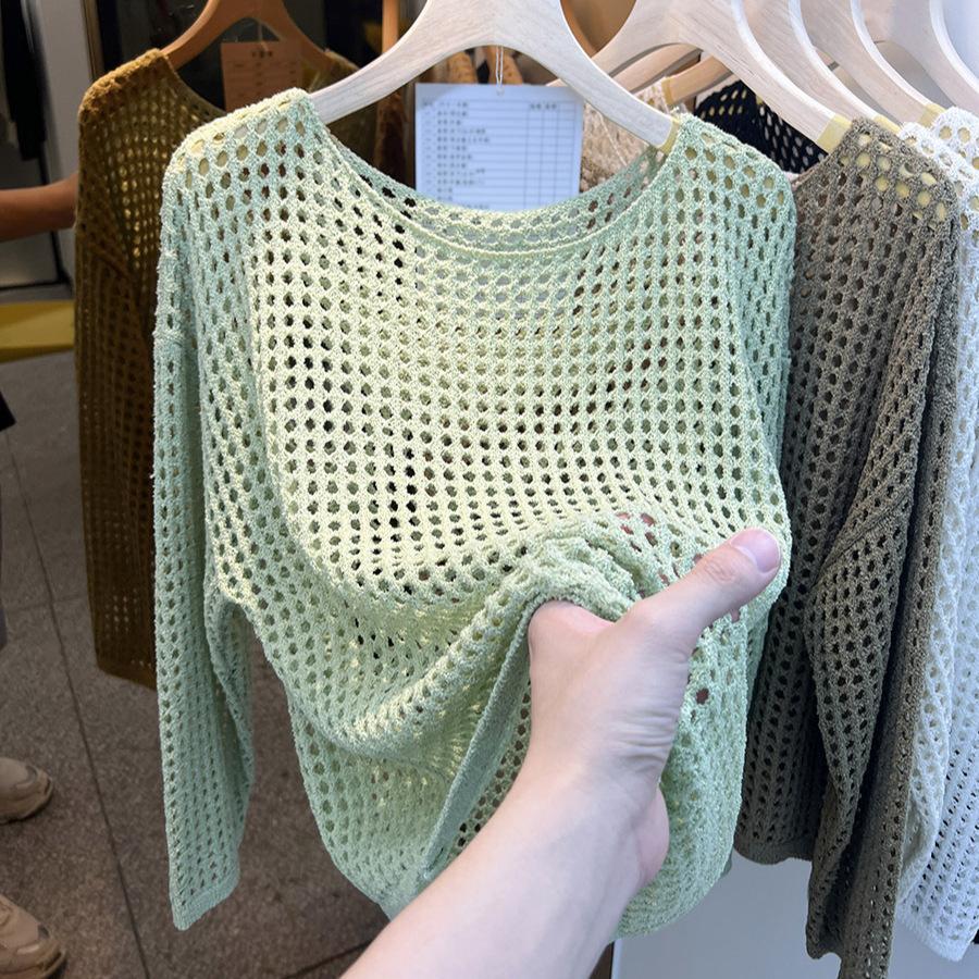 Effen kleur ronde hals lange mouwen gehaakt gaas shirt dames zomer sexy pure verlangen overjas dun topje met bretels