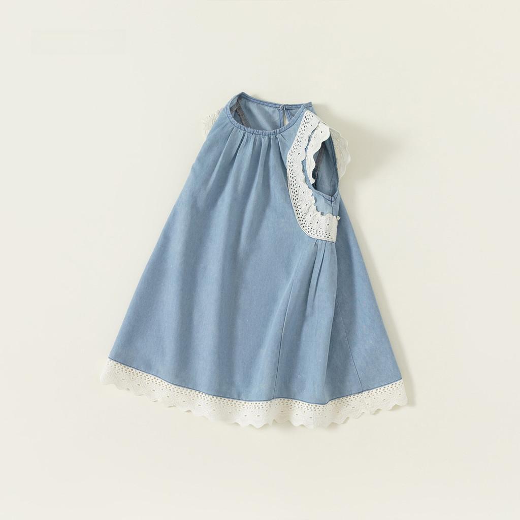 Simple Solid Color Lace Design Children Sleeveless Dress For Kids Girls Ages 3 To 8