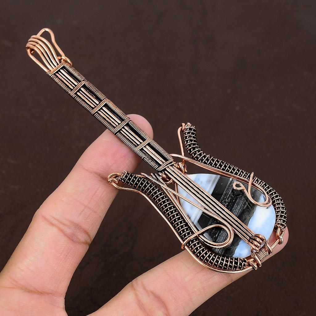 Owhyee Blue Opal Handmade Copper Wire Wrap Guitar Pendant 4.53" a9u37