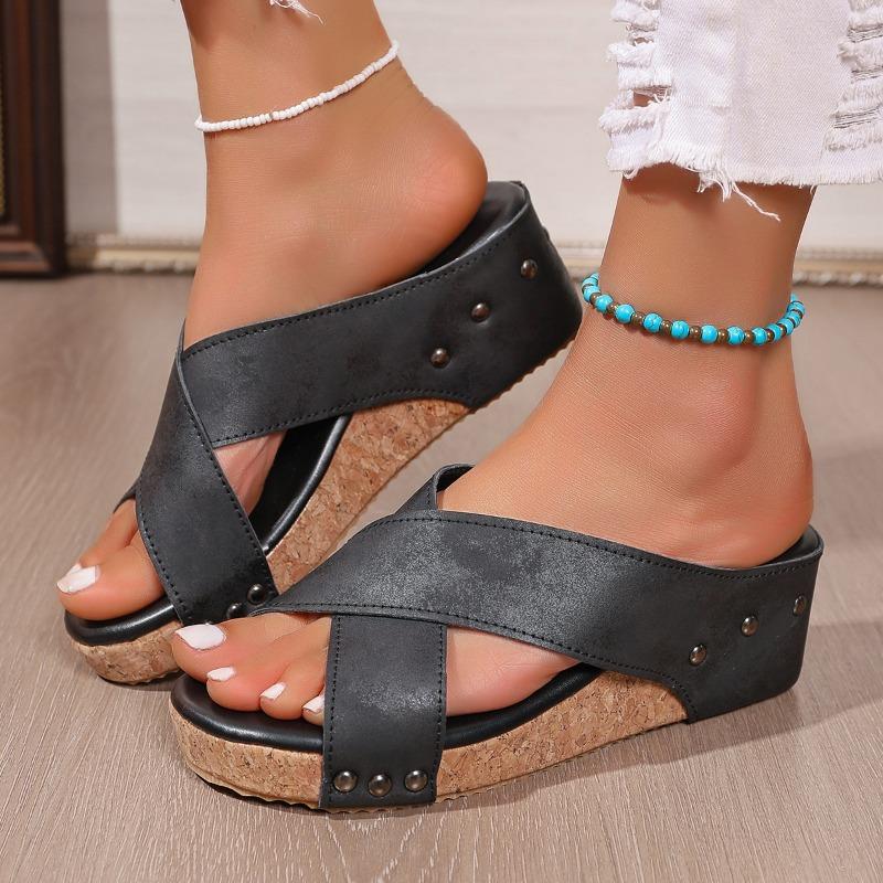 Damen Leichte Keil-Pantoletten Sommer-Schuhe mit offenem Zeh