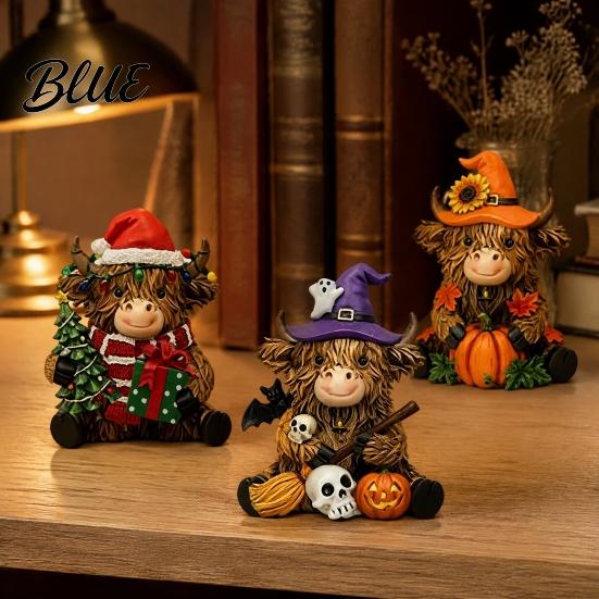 Artistic Home Decorations 3Pcs Highland Cow Figurine, Resin Yak Statues for Thanksgiving Christmas, Creative Desk Farmhouse Tabletop Ornaments
