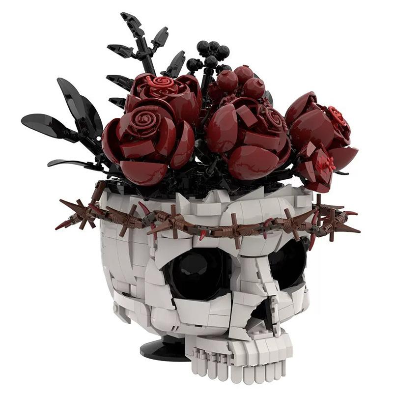 Halloween Crow Head Skull Bone Flower Rose Flower Small Particle Assembled Creative Building Block Model